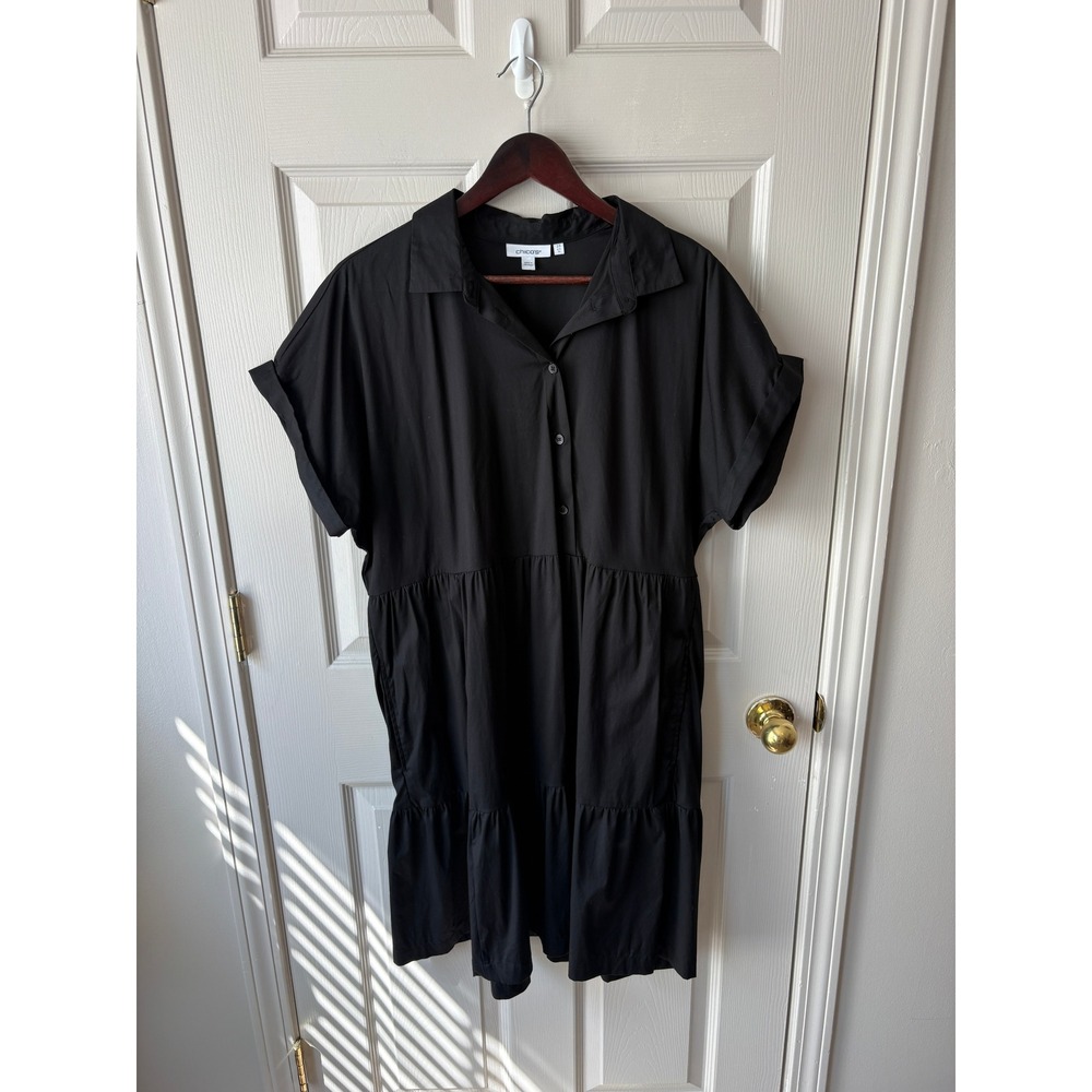 Chico's Shirt Dress Womens 14 Black Tiered Button Front Short Sleeve Pocket